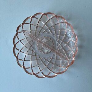 1960s Vintage Pink Glass Divided Dish - Floral Geometric Pattern